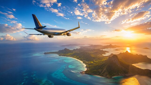Commercial airplane flying above tropical islands and turquoise ocean during a sunset with golden hour airplane tropical vacation aircraft