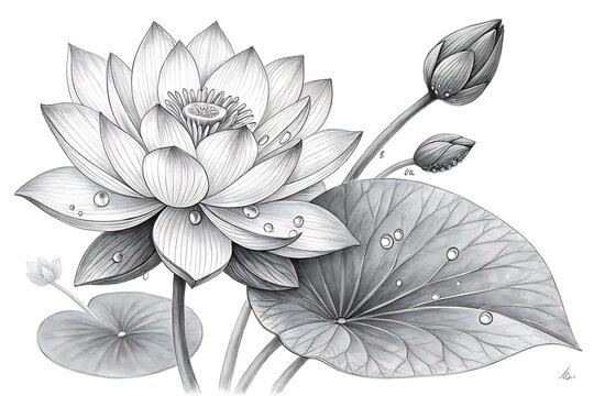 Water lily flower with dew drops on leaves and buds