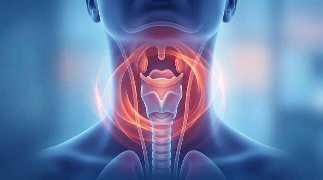 Medical illustration of human throat anatomy showing larynx and pharynx inflammation.