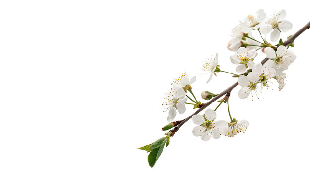 Elegant spring cherry blossom branch with delicate white flowers isolated on transparent background