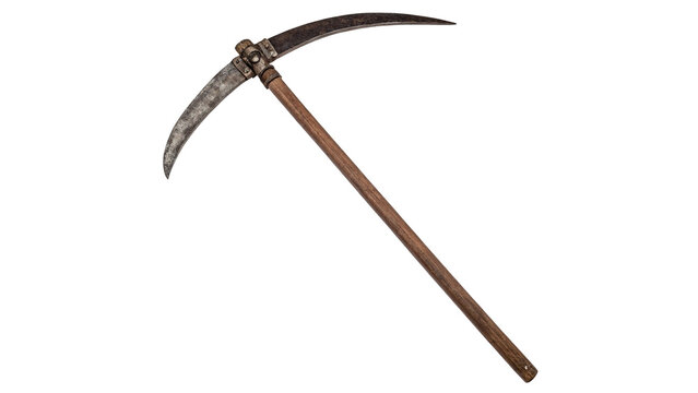 Classic metal mining pickaxe tool with a long wooden handle isolated on transparent background