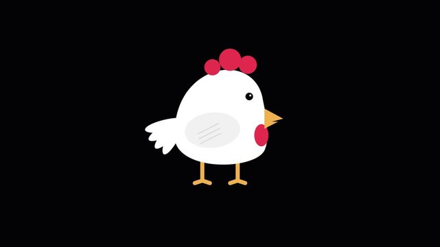 Cute minimalist vector illustration of a happy white farm chicken character isolated on a black background for children and creative projects
