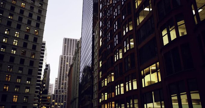 brick heritage building meeting modern glass tower, warm interior lights contrast cool reflections, layered architectural textures, evening mood evoking history