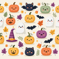 Fototapeta premium Halloween cute pumpkin ghost bat cat candy autumn pattern kawaii cheerful halloween cute pumpkin ghost bat cat candy autumn pattern with smiling face leaf and star cream background seamless