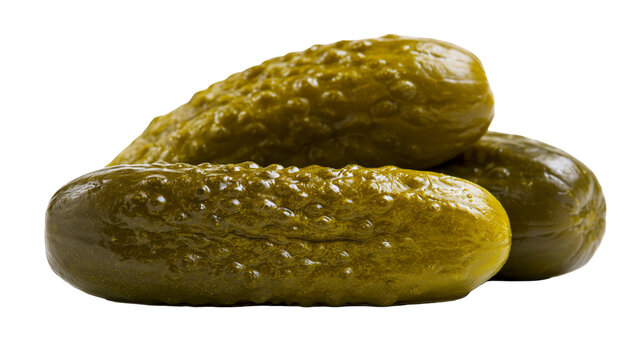 Three bumpy green dill pickles piled together, isolated on transparent background