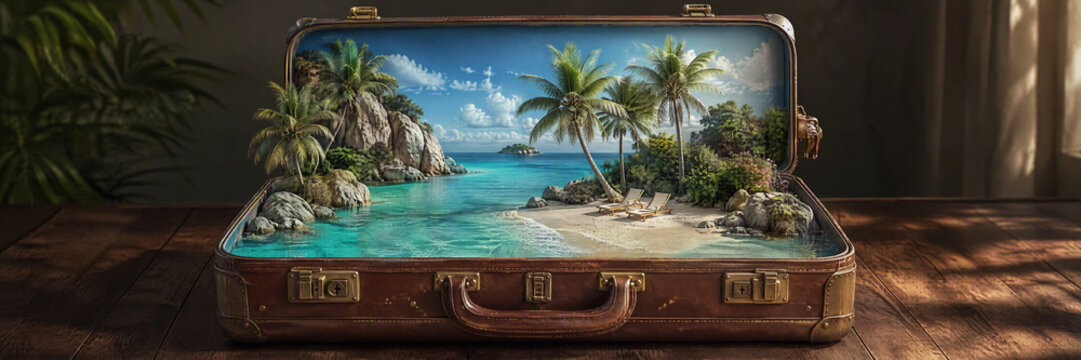 Vintage suitcase transformed into a miniature tropical beach paradise with palm trees