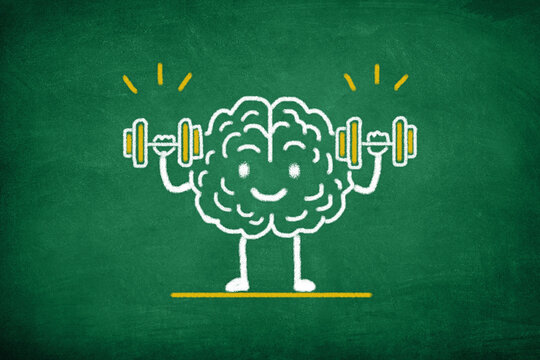 Brain exercise. Human brain lifting weights. Cognitive development concept.	
