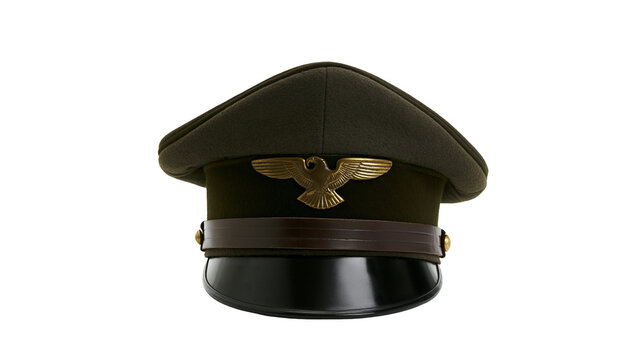 Dark green military peaked cap with gold eagle emblem, isolated on transparent background