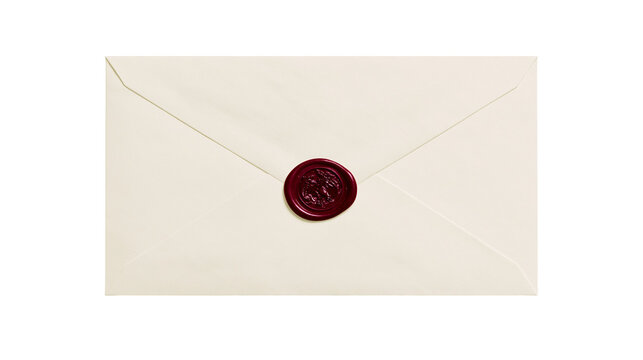 Cream colored envelope sealed with a burgundy wax stamp, isolated on transparent background