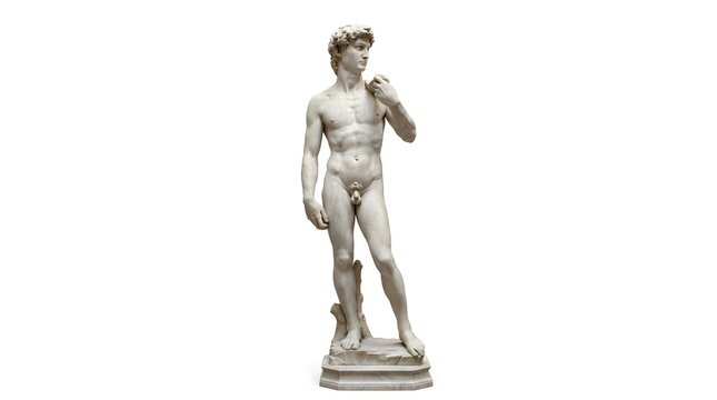Classic marble statue of david against a clean white background with sculpture