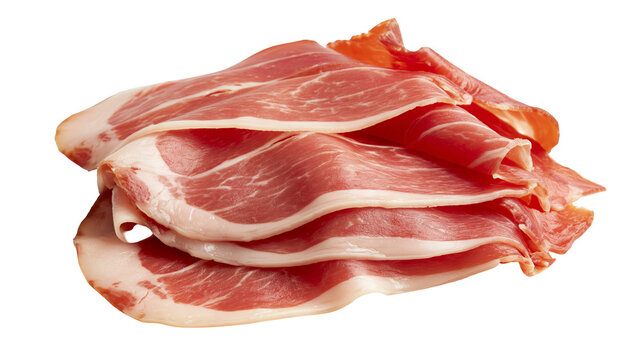 Thinly sliced cured ham with marbled fat, isolated on transparent background