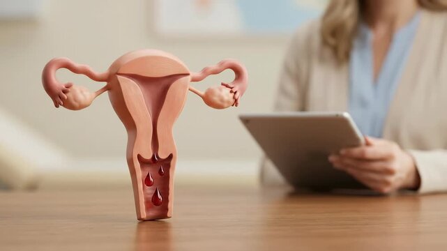 Reproductive system examine: uterine bleeding, menstrual period, hormone irregularity, woman health, medical gynecology, endometrium problem, ovary disorder, fertility reproduction.