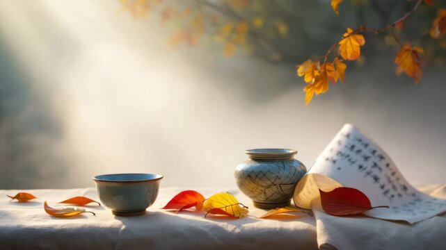 Traditional Chuseok tea ceremony with Korean calligraphy, autumn leaves and warm harvest season atmosphere, copy space