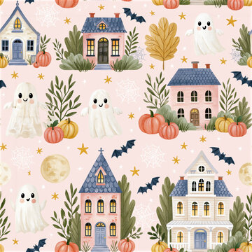 Halloween ghost seamless pattern pastel haunted house bat pumpkin moon autumn leaf magic night fantasy cute festive celebration for children room decor