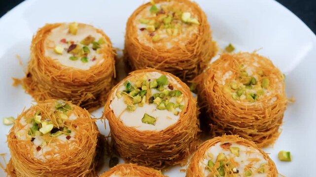 Kataifi pastries filled with cream and topped with chopped pistachios on a white plate