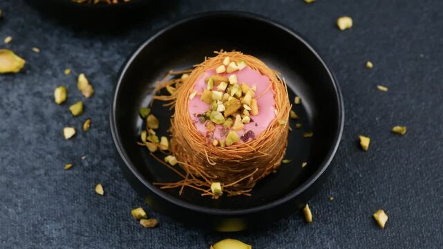 Kataifi dessert with pink cream and chopped pistachios served in a black bowl on a dark background