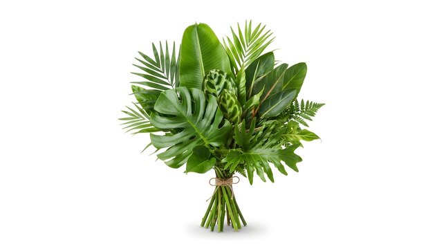 Tropical greenery bouquet on white background. Monstera and palm leaves arrangement. Lush foliage composition. Summer boho style decoration. Nature concept.