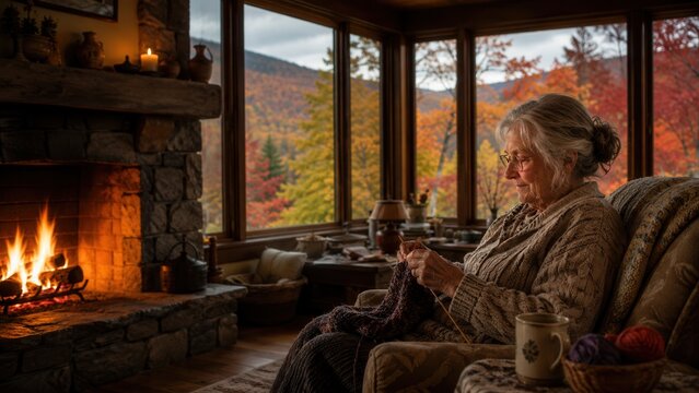 Elderly woman knitting beside cozy stone fireplace with colorful autumn mountain view through cabin windows
