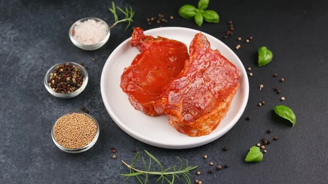 Marinated pork chops prepared with salt, peppercorns, and mustard seeds on a dark background