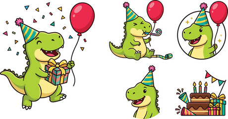 Cute Cartoon Dinosaur Birthday Party Vector Set with Triceratops T-Rex Brachiosaurus Elements Cake Confetti and Gifts for Kids Celebration Invitation Designs © Abul
