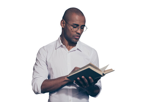 Close up photo amazing stunning dark skin he him his macho arms hands hold paper diary planner change sheets reader not smiling wondered shaved face wear specs white shirt isolated grey background