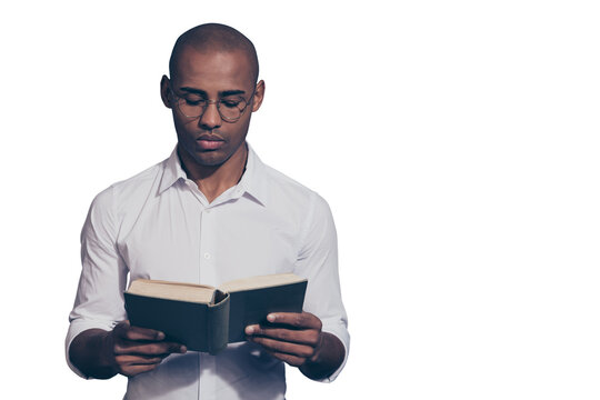 Close up photo amazing stunning dark skin he him his macho arms hands hold paper diary planner change sheets reader not smiling wondered shaved face wear specs white shirt isolated grey background