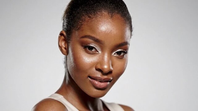 Radiant black female model posing studio skincare beauty portrait stock media content