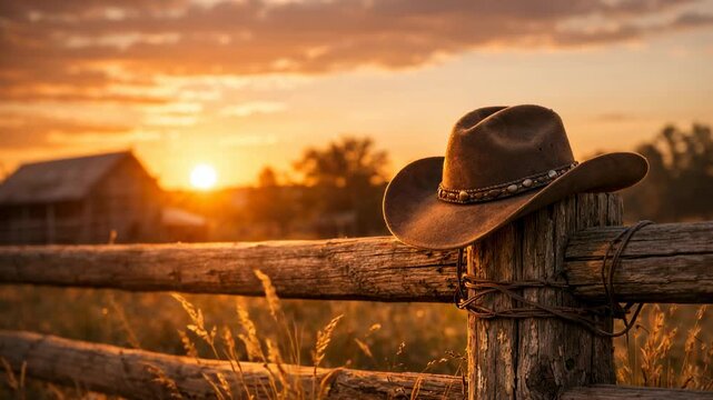 Cowboy hat hanging on rustic wooden fence at sunset in a peaceful western ranch landscape