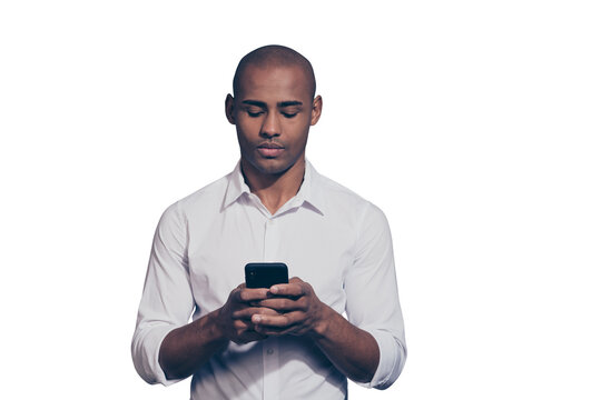 Close up photo amazing beautiful dark skin he him his macho perfect appearance telephone smart phone arms attentively reader writing letter corporate currency wear white shirt isolated grey background