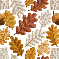 Autumn leaf pattern fall foliage oak leaf acorn seamless texture cozy knit seasonal background brown leaf beige leaf illustration Autumn leaf pattern with oak leaf and acorn seamless © พรมณี สุขอารมย์