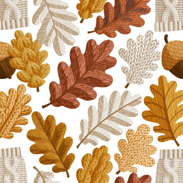 Autumn leaf pattern fall foliage oak leaf acorn seamless texture cozy knit seasonal background brown leaf beige leaf illustration Autumn leaf pattern with oak leaf and acorn seamless