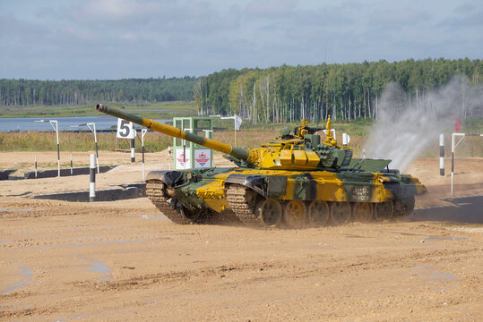 MOSCOW REGION, RUSSIA - AUGUST 25, 2020: Russian tank T-72B3 on the  tank biathlon competitions. International War Games, Patriot Park