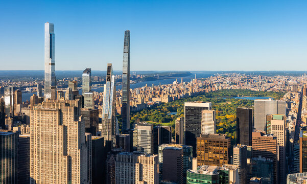 Elevated panoramic view of Manhattan skyline with Billionaires Row supertalls, Central Park, Upper West Side and Hudson River. New York City
