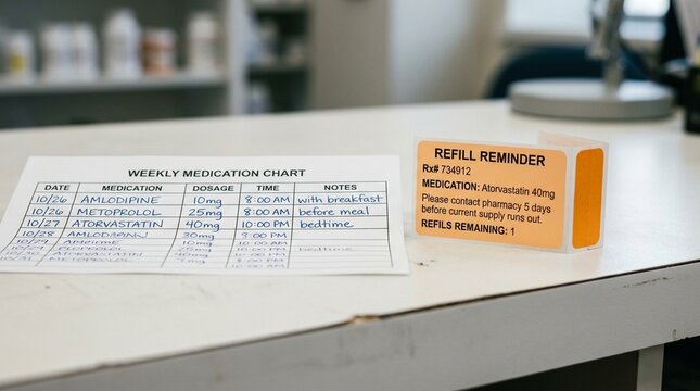 Picture medication chart resting beside a folded refill reminder sticker, medication management education concept