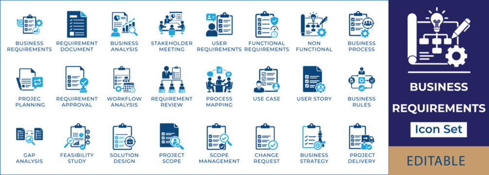 Business requirements icon set. Featuring project scope, specification checklist, documentation, business analysis, planning meeting, task approval, and strategy vector icons.