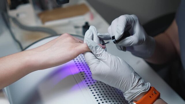 Manicure technician applies gel and fixes nail tip under ultraviolet lamp in beauty salon as a step of professional nail extension
