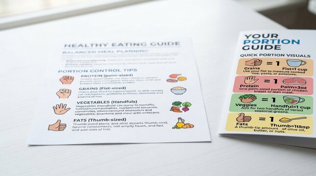 Nutrition handout resting beside a folded portion size visual guide, patient nutrition education concept