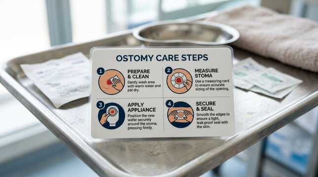 Visual card showing icons for ostomy care steps, home healthcare patient instructions concept