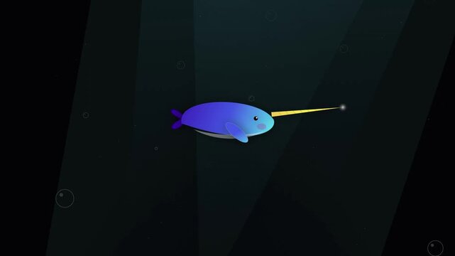 Cute cartoon narwhal swimming in the deep dark ocean with glowing tusk vector illustration