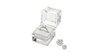 Fototapeta premium Elegant Diamond Engagement Ring Placed Inside a Clear Transparent Luxury Gift Box Accompanied by Loose Brilliant Cut Gemstones for Proposal