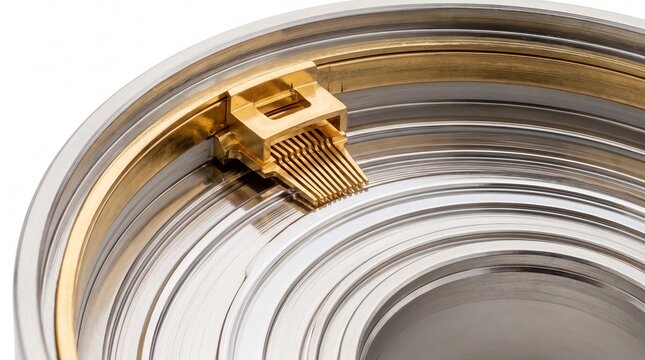 Coaxial RF rotary joint slip ring. Micro-machined gold-plated beryllium copper brush and silver-plated track. Precision antenna tracking hardware for aerospace telecommunications.