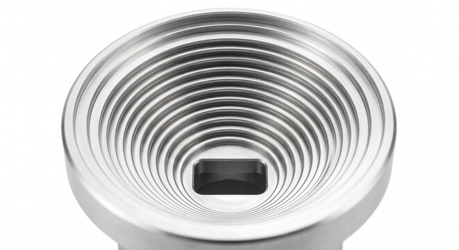 Ku-band satellite LNB feed horn interior. Micro-machined aluminum corrugated choke rings for microwave receiving hardware. Precision aerospace engineering component isolated on white.