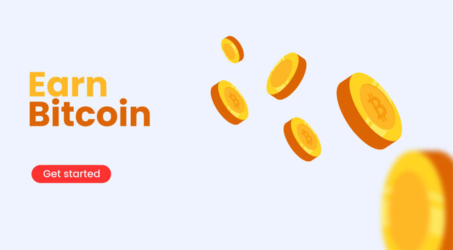 Earn bitcoin banner. Flying gold coin vector illustration.