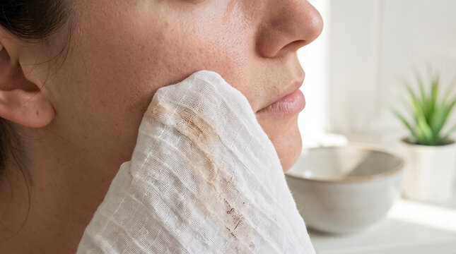 Woman performing daily face cleansing, gently removing makeup with a reusable natural cotton wipe for Skincare Blogs, Beauty Websites, Dermatology Education, and Clean Beauty Regimen