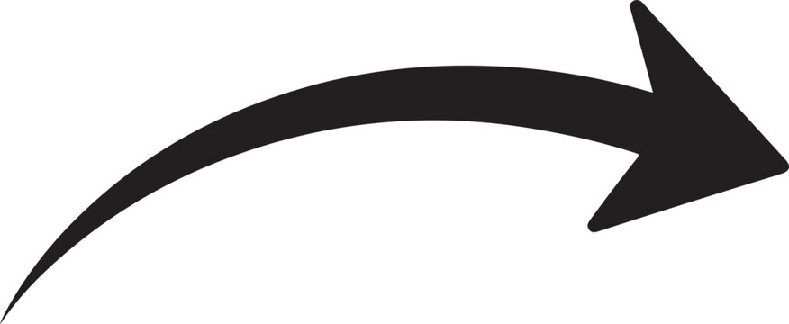 Curved black arrow vector icon, hand drawn style directional pointer, minimalist arching arrow for navigation and flow
