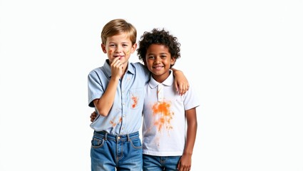 Fototapeta premium Two cheerful boys, one resting a hand on the other's shoulder, posing side by side with splashes of paint on their faces and outfits