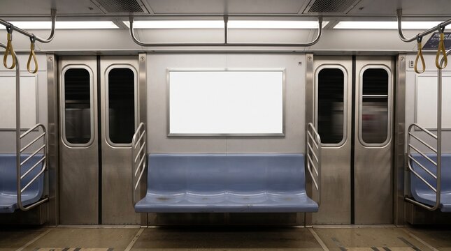 Blank horizontal poster mockup inside a modern subway train carriage for advertising display.