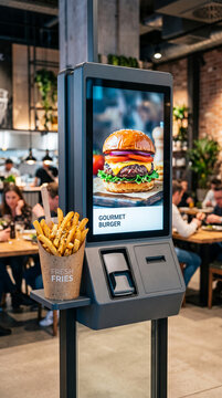 Digital kiosk displaying a gourmet burger and fresh fries, representing modern food ordering and fast-casual dining experiences, suitable for retail promotions.