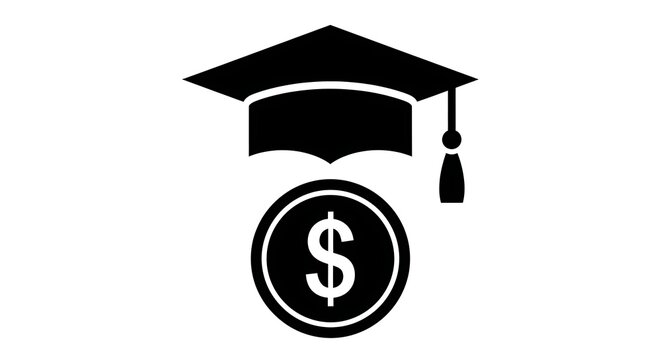 Graduation cap mortarboard icon combined with dollar currency coin symbol representing education funding and tuition cost