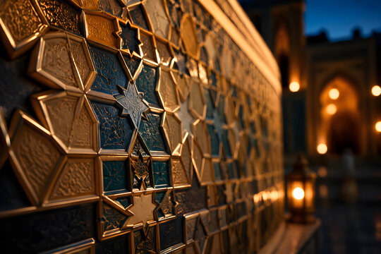 Intricate geometric tilework adorns a curved surface illuminated with warm light against a twilight backdrop islamic pattern mosaic arabesque architecture